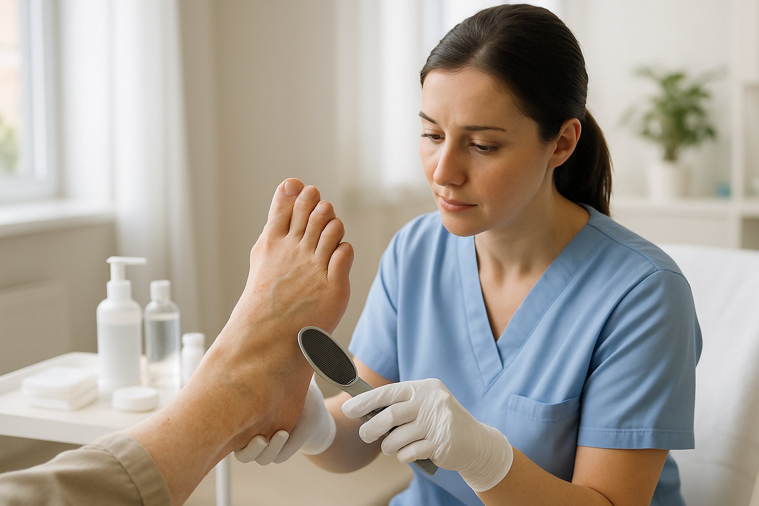 A nurse wearing gloves gently examining an elderly patient's foot in a clean clinical room, providing foot care treatment.