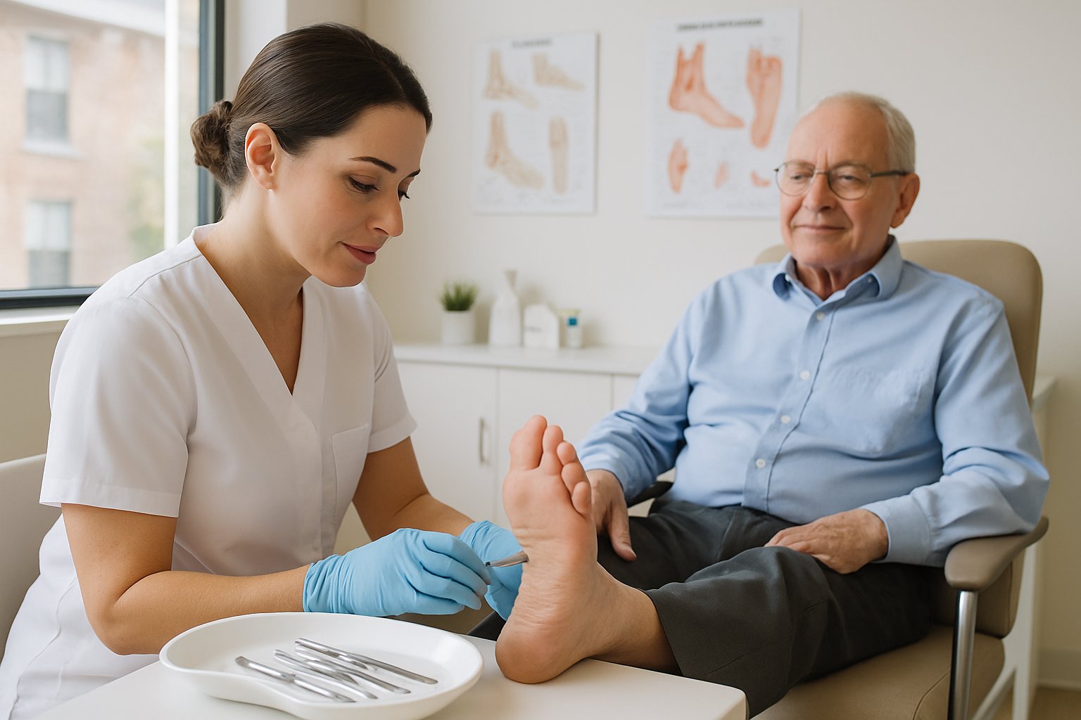 A nurse providing foot care to an elderly patient in a medical office.