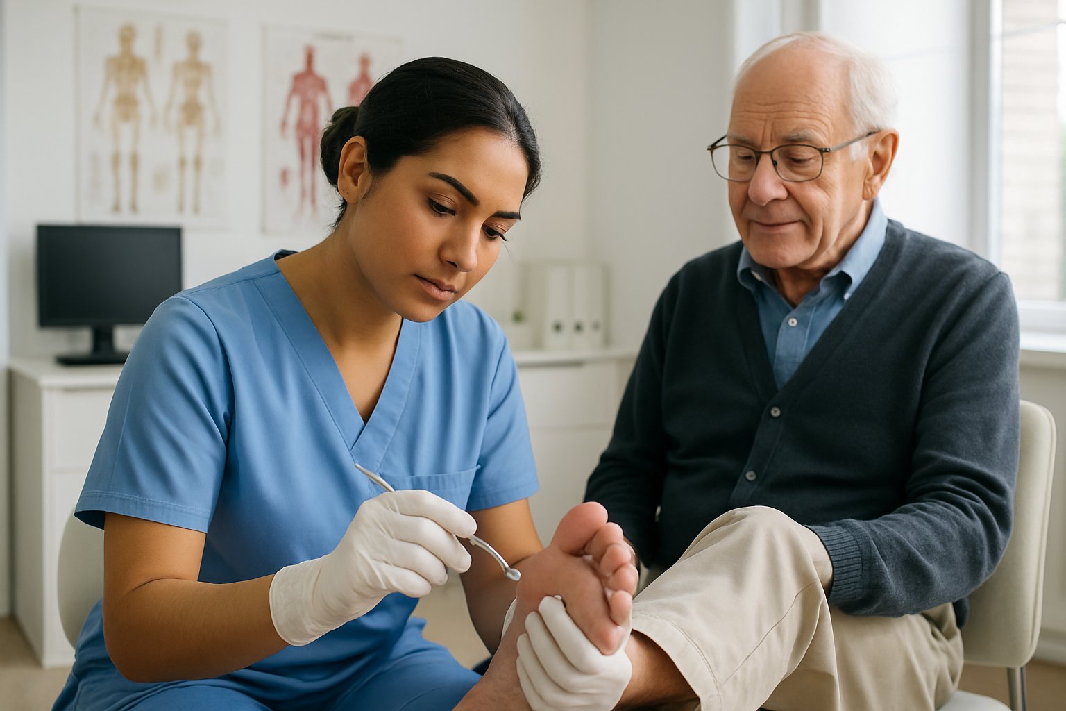 A nurse carefully examining an elderly patient's foot in a clean clinical room.