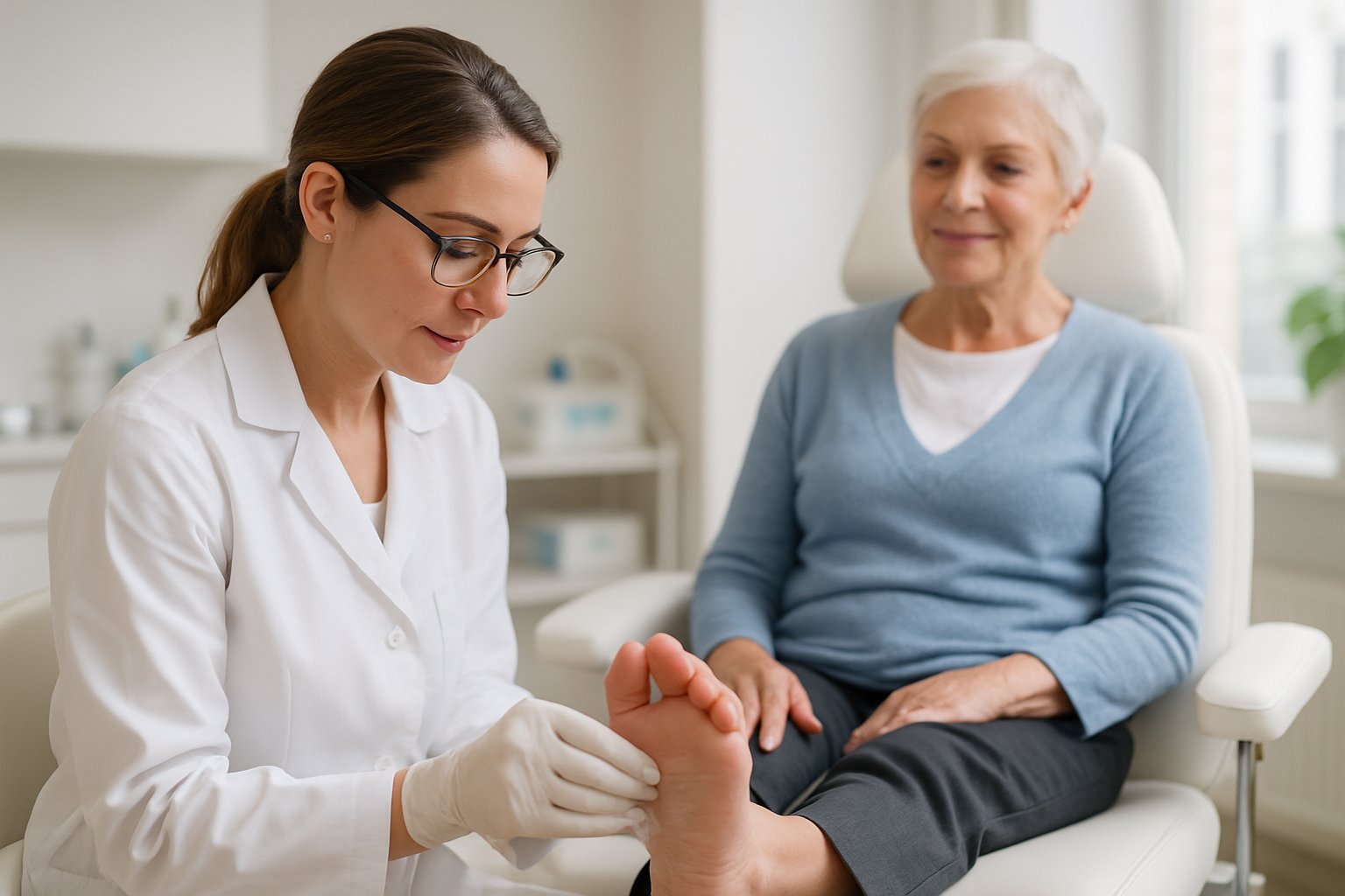 A healthcare professional examining a patient's foot in a clean medical clinic.