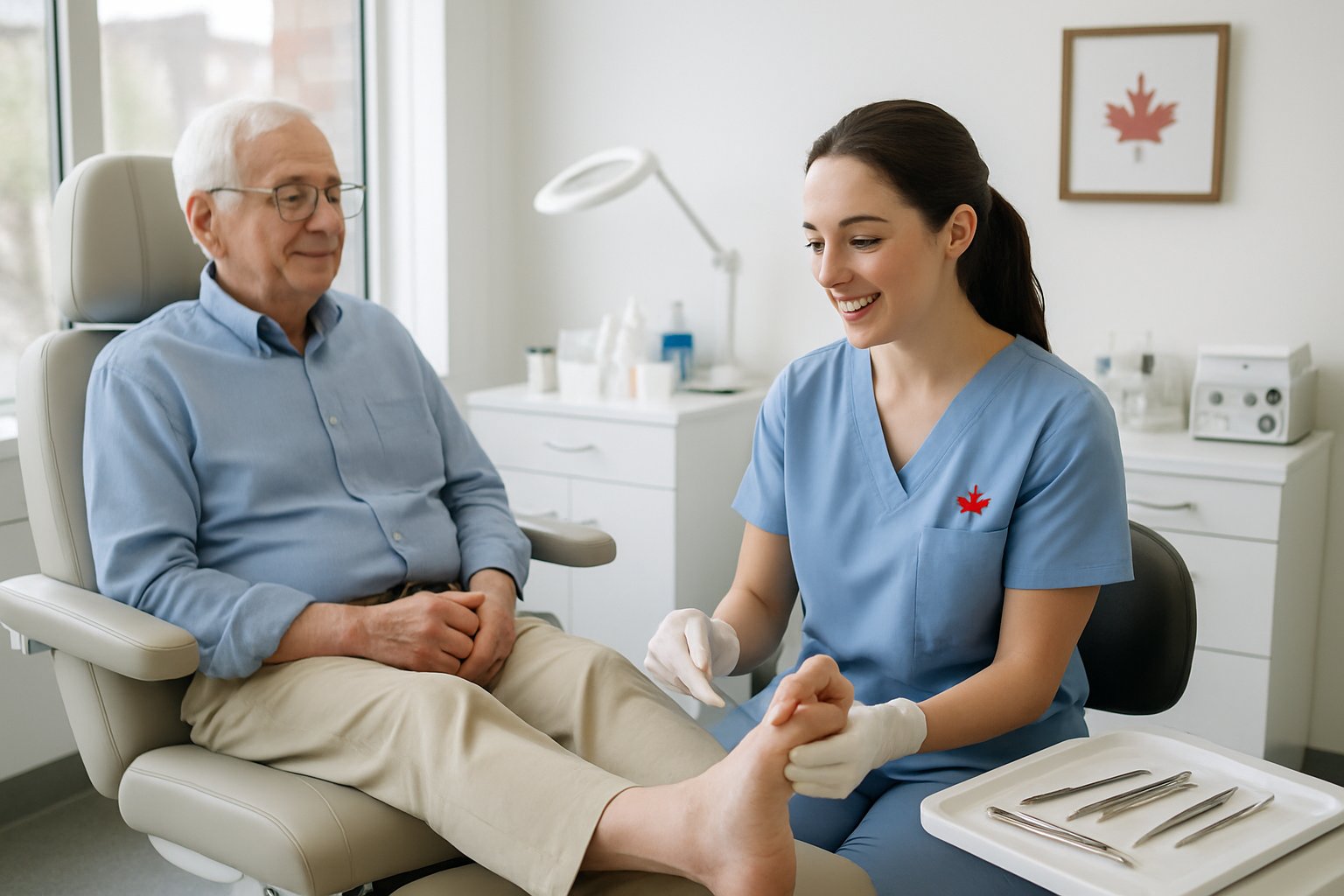 A nurse providing foot care to an elderly patient in a bright medical treatment room.