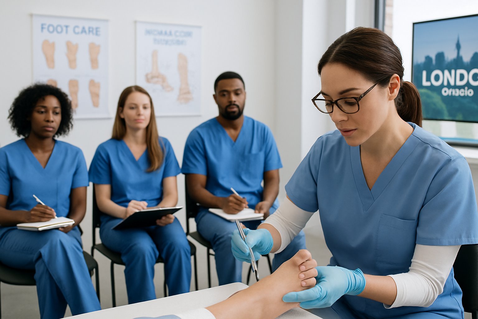 Nurses attending a foot care training session with an instructor demonstrating techniques on a foot model in a classroom setting.