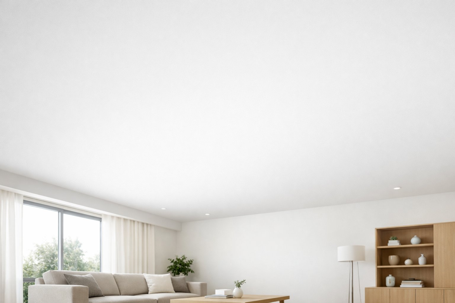 A bright, modern room with a smooth white ceiling and contemporary furniture.