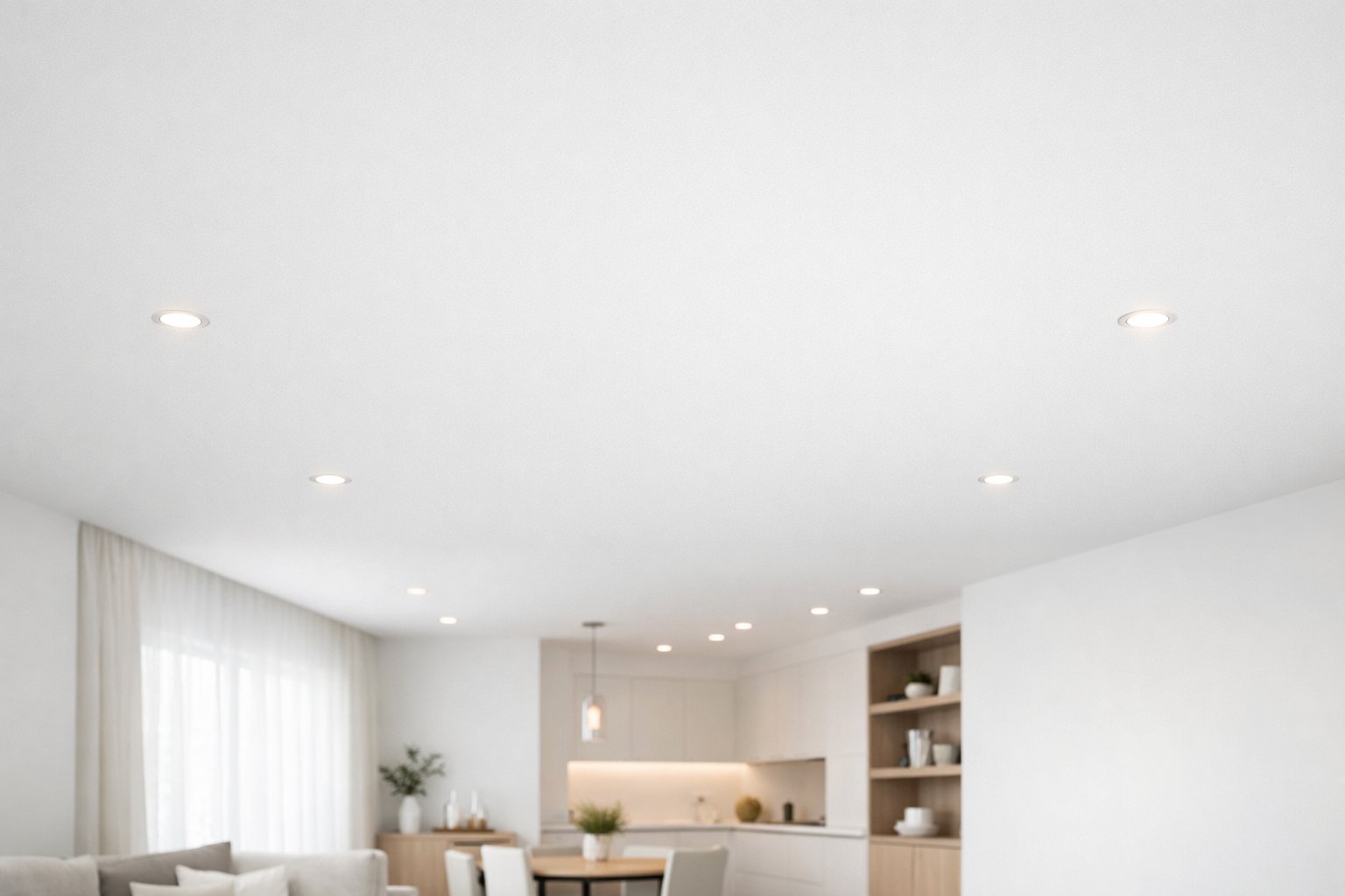 A modern room with a smooth white ceiling and recessed lighting, featuring clean and minimalistic furnishings.