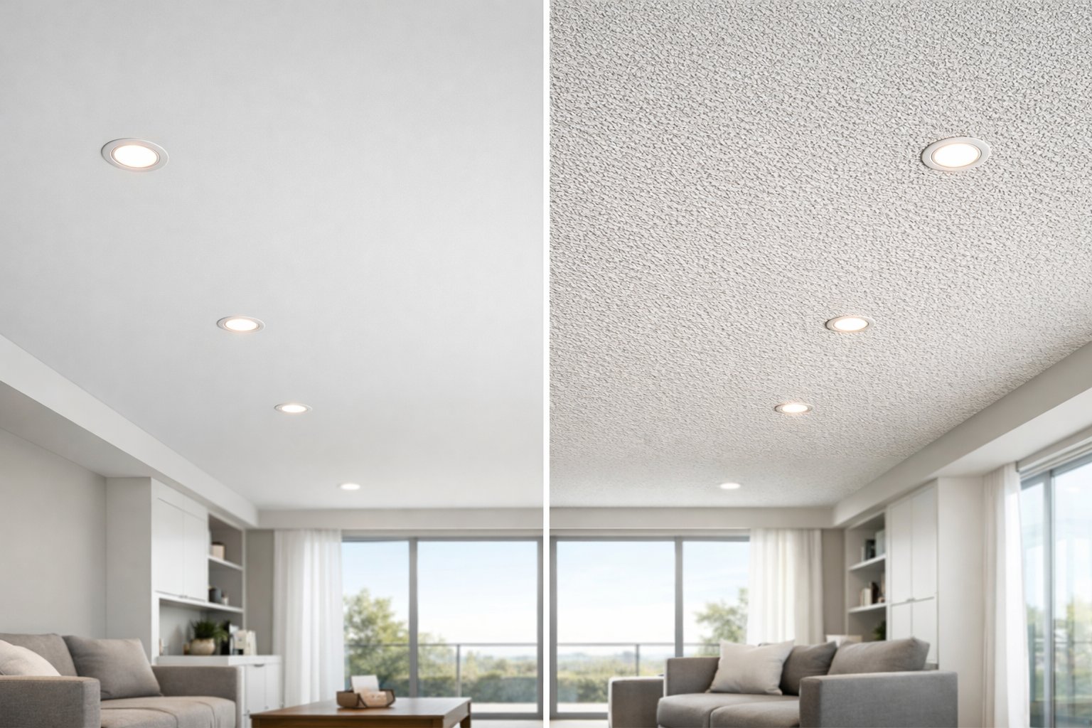 Interior room showing a comparison between a smooth white ceiling and a textured ceiling side by side.