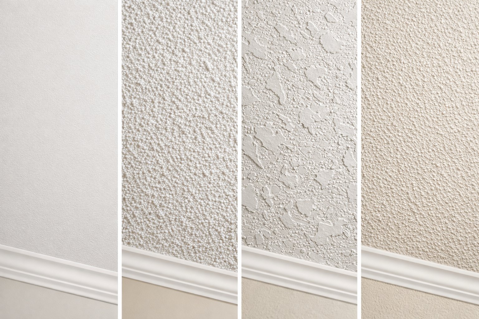Close-up views of different ceiling textures displayed side by side in an indoor setting.