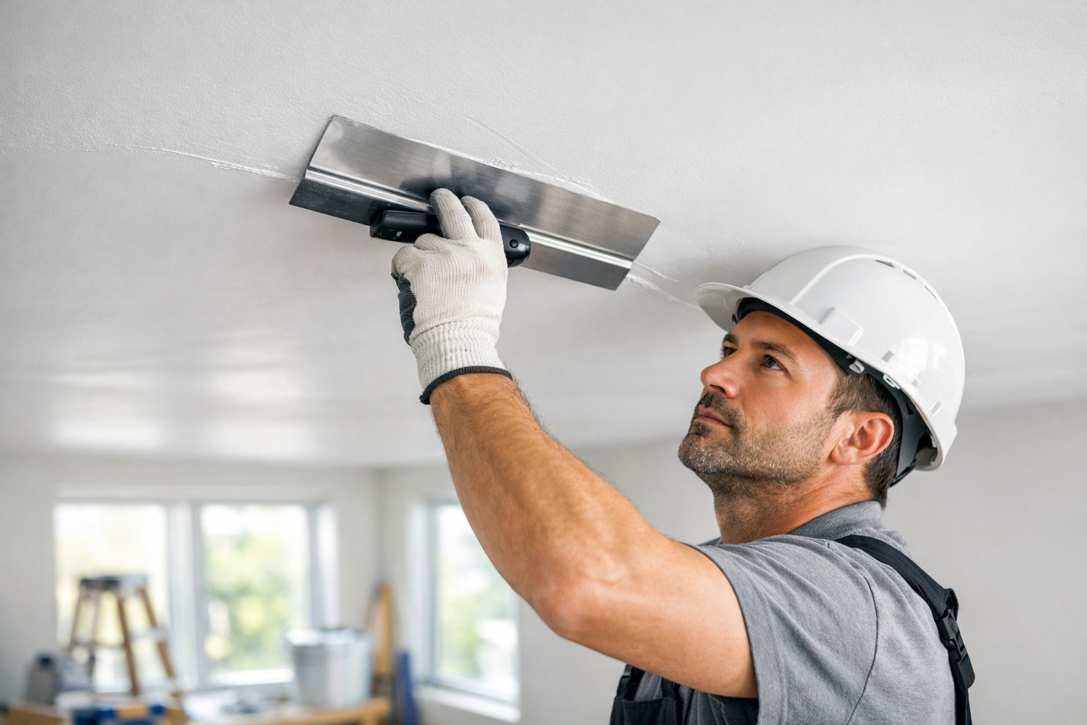 A worker installing a smooth ceiling in a bright room using a trowel, with tools and materials visible in the background.