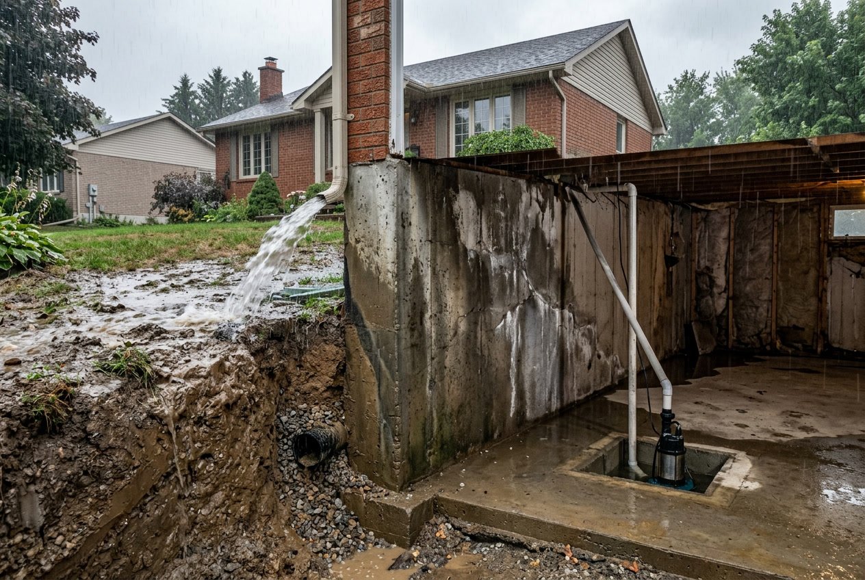 Cross-sectional view of a house basement and foundation showing water infiltration, damp walls, and cracks with rainwater pooling around the foundation.