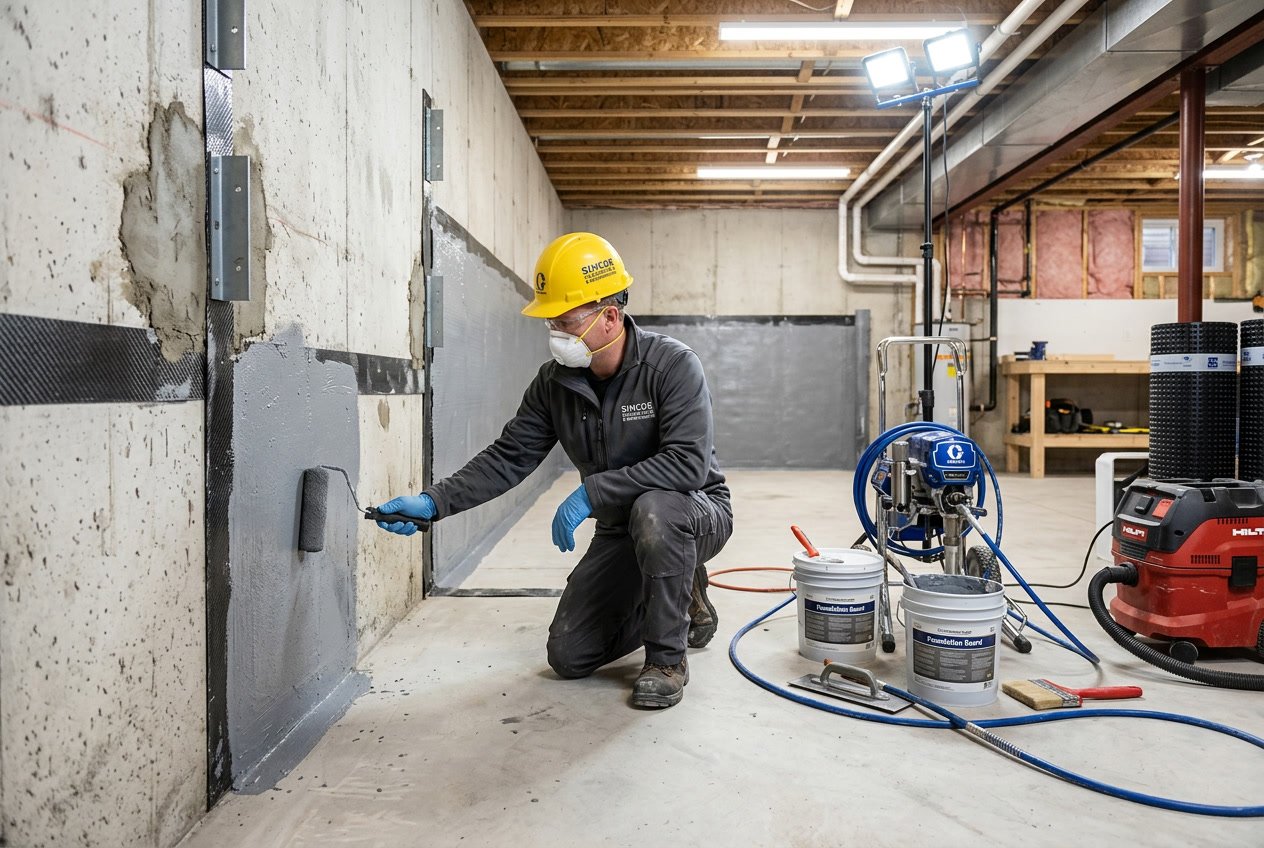 Technician applying waterproof sealant to basement walls during foundation repair in a clean basement.
