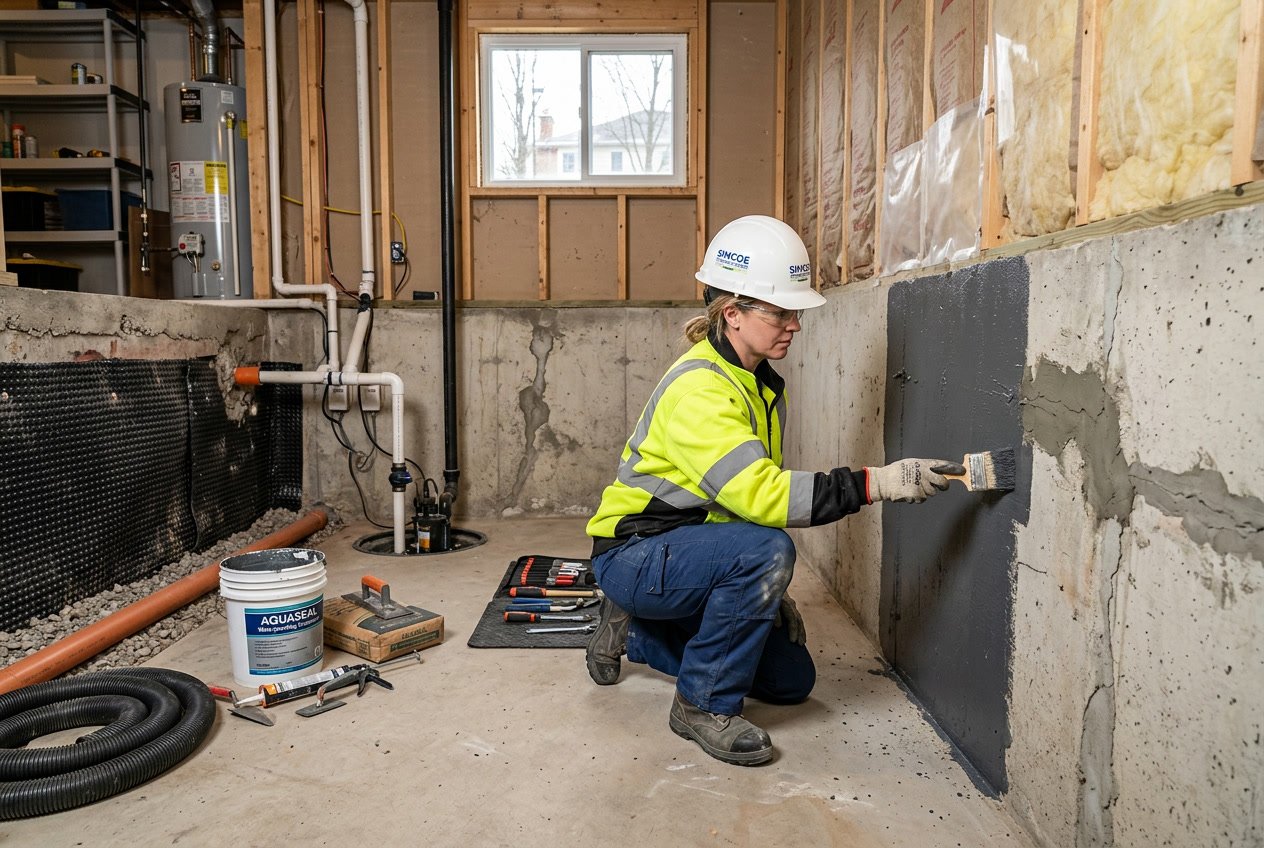 A technician applying waterproofing sealant to a basement foundation wall in a residential home.