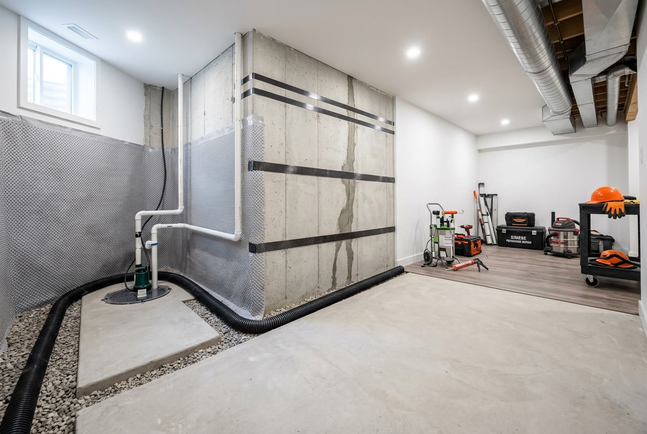 A clean basement interior with waterproofing membranes on the walls, drainage pipes, and foundation repair elements visible.