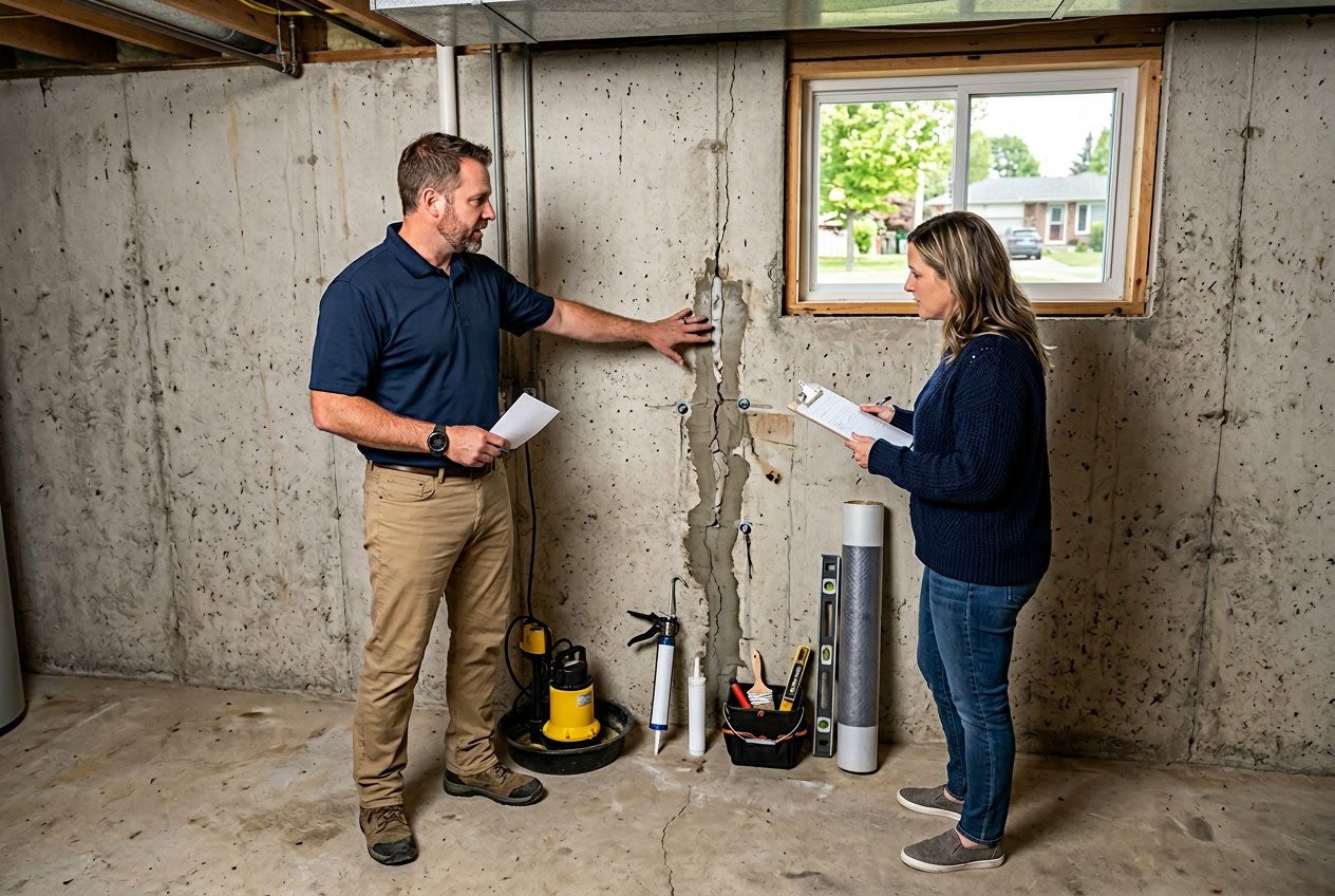 A contractor explains basement waterproofing and foundation repair to a homeowner inside a basement with repair tools and equipment nearby.