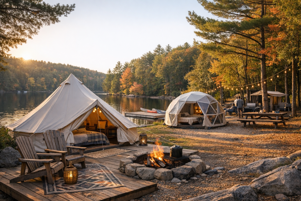 Lakeside glamping tents with a fire pit among autumn trees