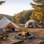 Lakeside glamping tents with a fire pit among autumn trees