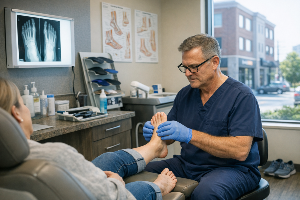 Podiatrist examining a patient's foot in a clinic