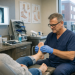 Podiatrist examining a patient's foot in a clinic