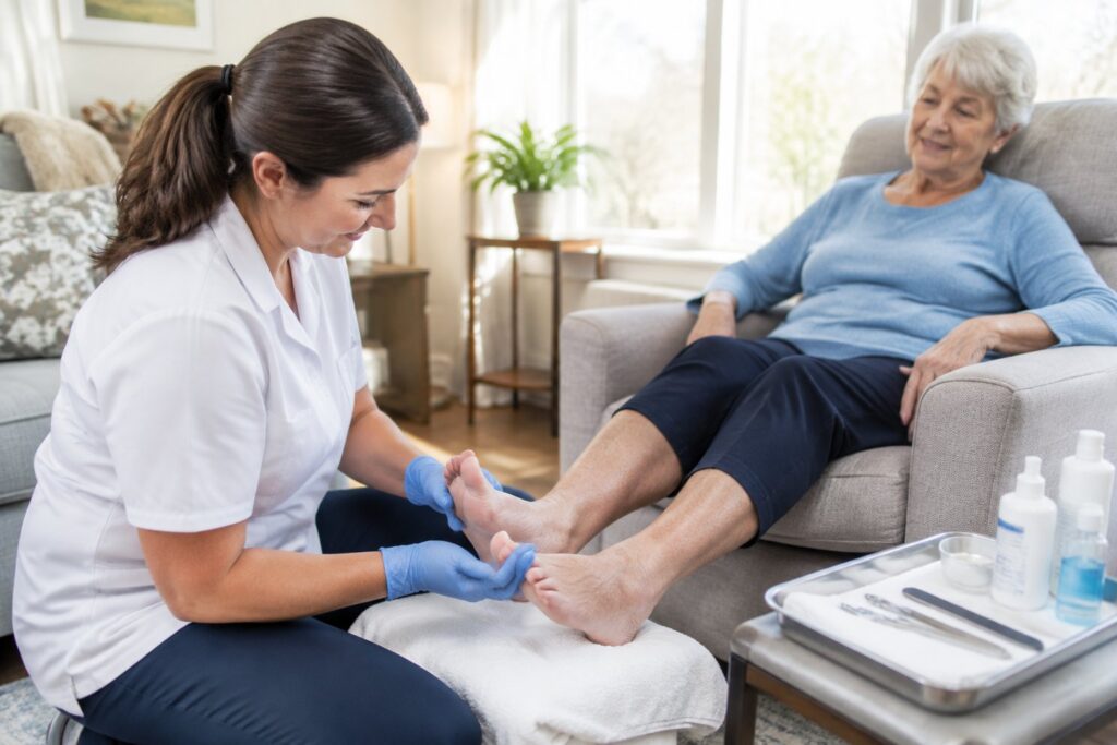 Foot care professional treating an older woman’s feet at home