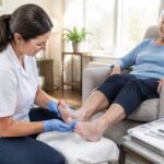 Foot care professional treating an older woman’s feet at home
