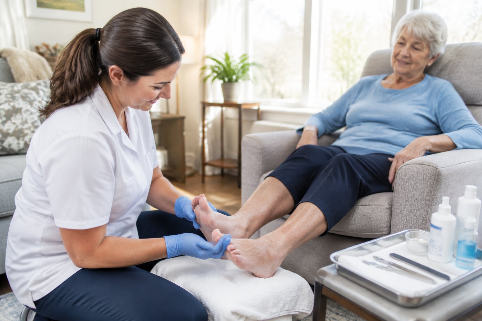 Foot care professional treating an older woman’s feet at home