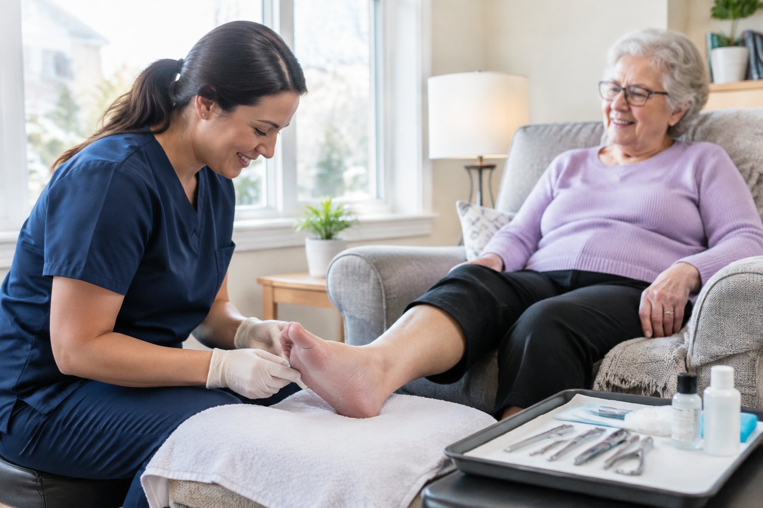 A foot care nurse tends to an older adult’s foot at home.