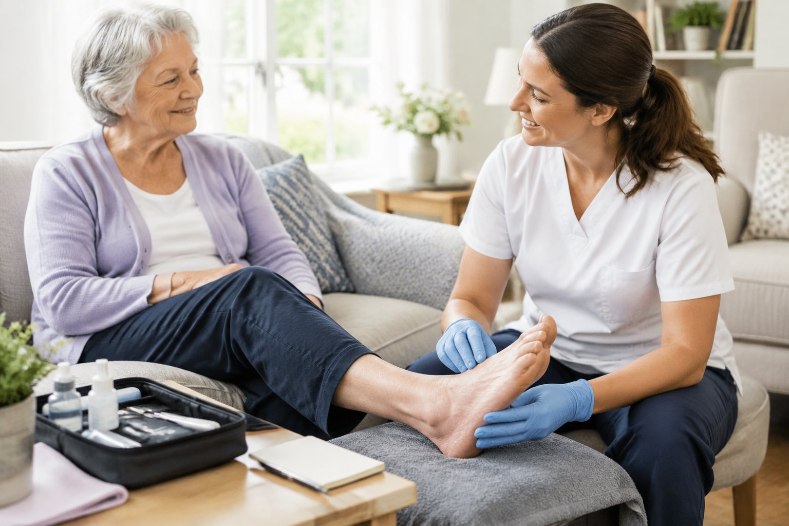 A foot care provider examines an older adult’s foot at home.