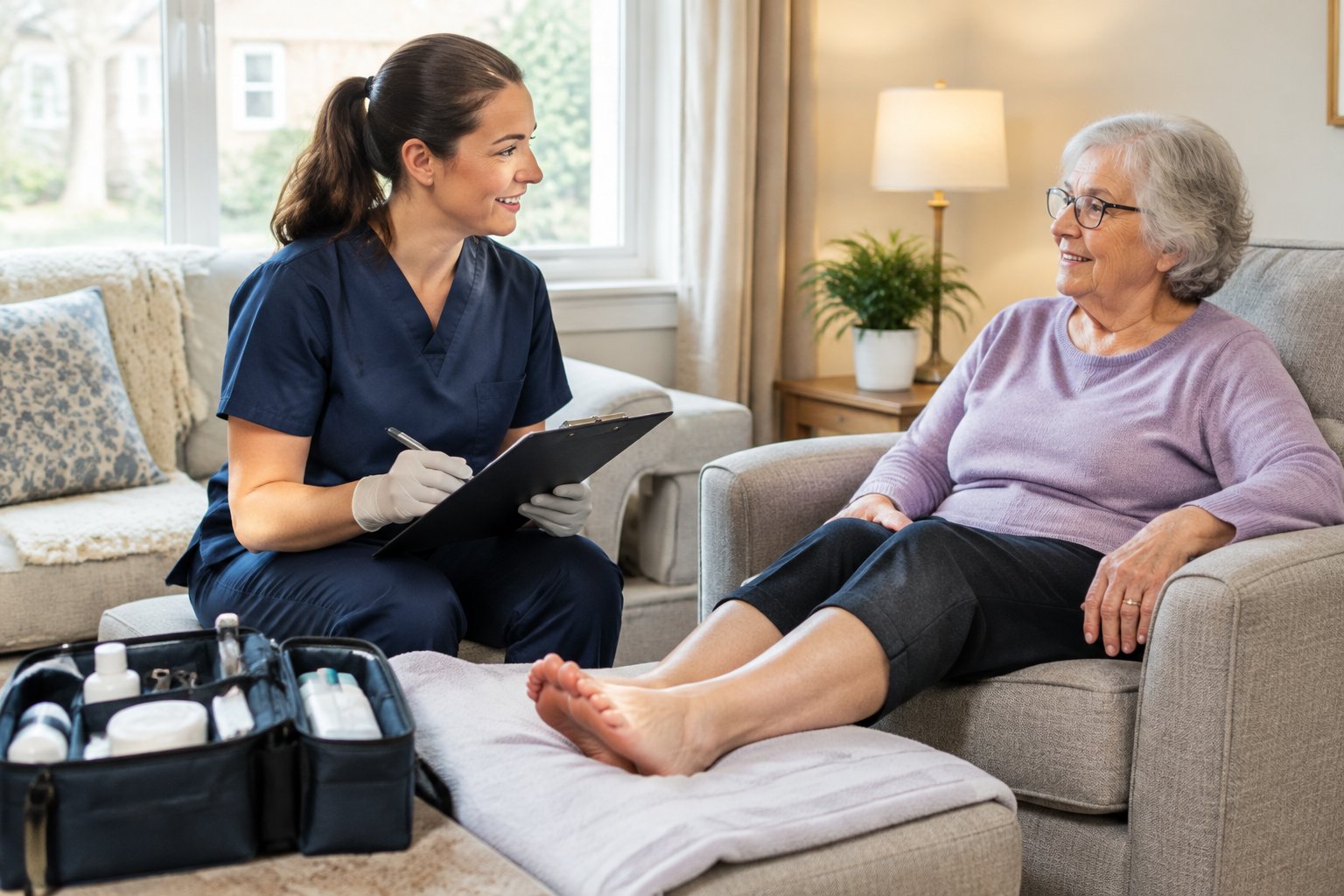 A foot-care professional discusses care with an older adult during a home visit.