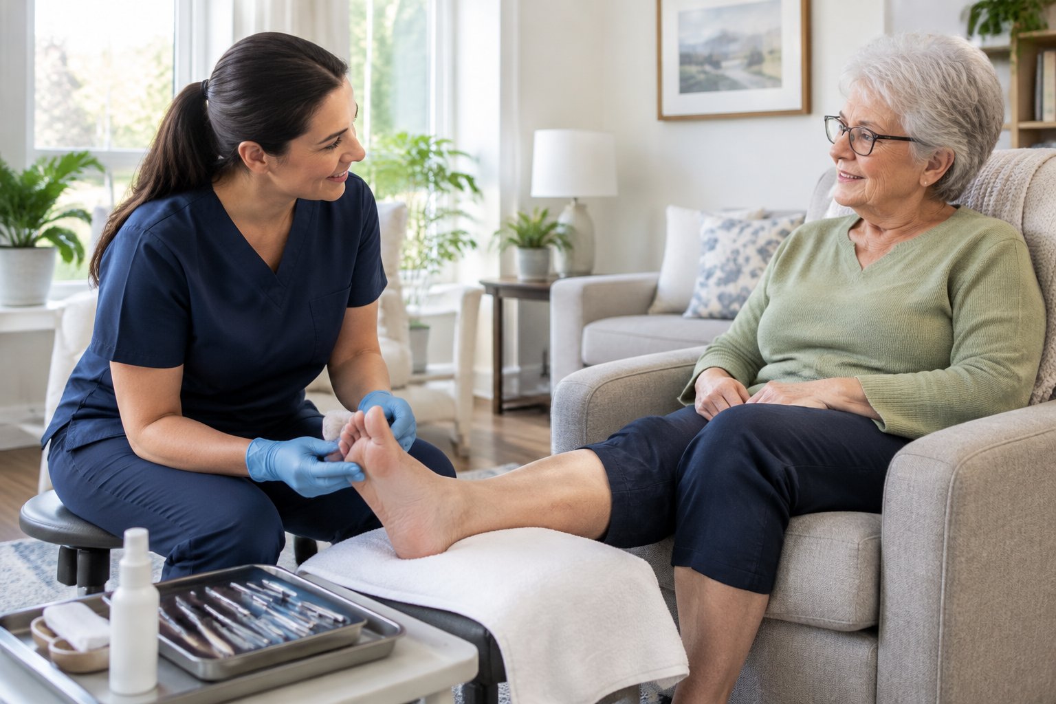 A foot care provider examines an older adult’s foot during a home visit.