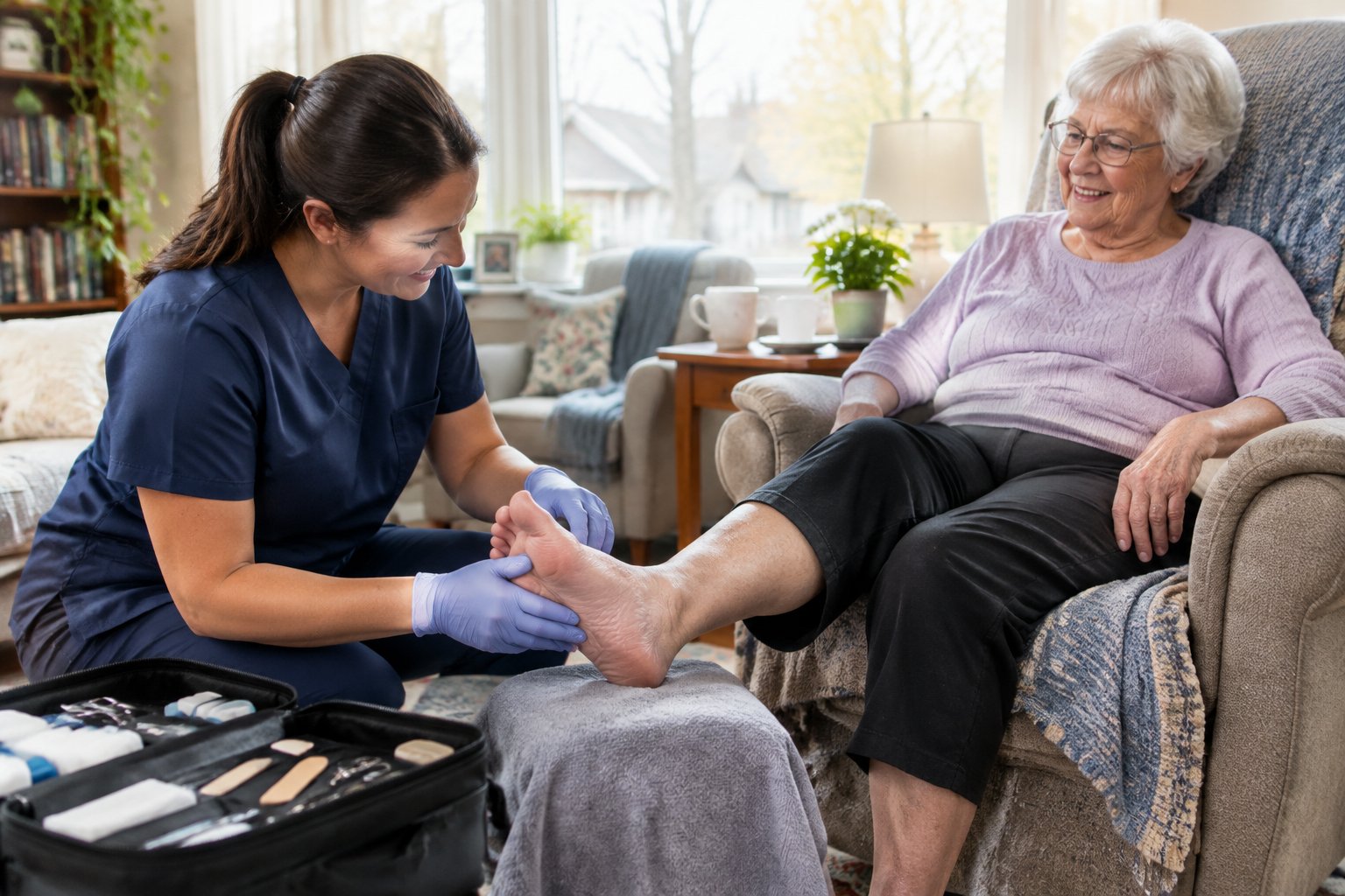 A foot-care clinician tends to an older adult’s foot at home.