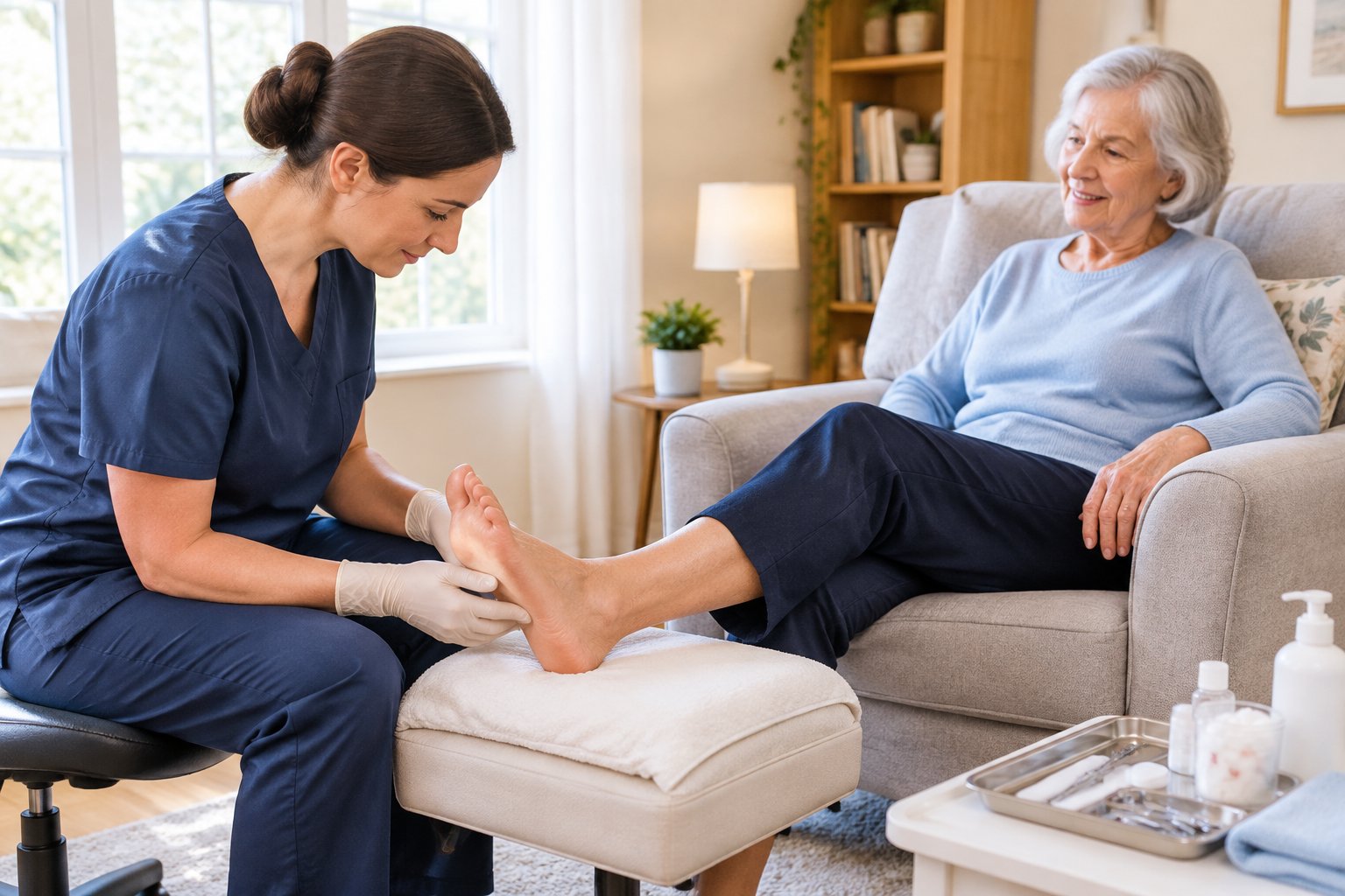 A foot-care professional gently examines an older adult’s foot at home.
